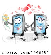 Cartoon Smart Phone Mascot Couple With Love Hearts