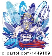 Poster, Art Print Of Shark And Poseidon With Surfboards