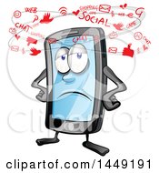 Cartoon Exhausted Smart Phone Mascot Seeing Social Media Icons