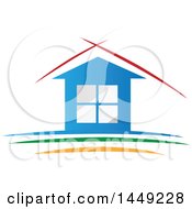 Poster, Art Print Of Blue House With Red Lines Over The Roof Above Green And Yellow