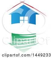 Poster, Art Print Of Blue House With Red Lines Over The Roof Above A Green Reflection