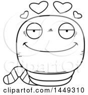 Clipart Graphic Of A Cartoon Black And White Lineart Loving Worm Character Mascot Royalty Free Vector Illustration