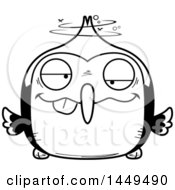 Clipart Graphic Of A Cartoon Black And White Lineart Drunk Woodpecker Character Mascot Royalty Free Vector Illustration