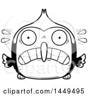 Clipart Graphic Of A Cartoon Black And White Lineart Scared Woodpecker Character Mascot Royalty Free Vector Illustration