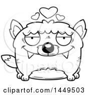 Clipart Graphic Of A Cartoon Black And White Lineart Loving Wolf Character Mascot Royalty Free Vector Illustration