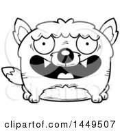 Clipart Graphic Of A Cartoon Black And White Lineart Happy Wolf Character Mascot Royalty Free Vector Illustration