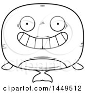Clipart Graphic Of A Cartoon Black And White Lineart Grinning Whale Character Mascot Royalty Free Vector Illustration