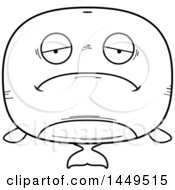 Clipart Graphic Of A Cartoon Black And White Lineart Sad Whale Character Mascot Royalty Free Vector Illustration
