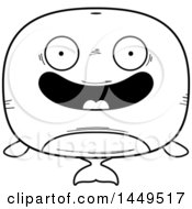 Clipart Graphic Of A Cartoon Black And White Lineart Happy Whale Character Mascot Royalty Free Vector Illustration