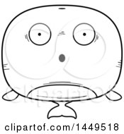 Clipart Graphic Of A Cartoon Black And White Lineart Surprised Whale Character Mascot Royalty Free Vector Illustration