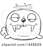 Clipart Graphic Of A Cartoon Black And White Lineart Drunk Walrus Character Mascot Royalty Free Vector Illustration