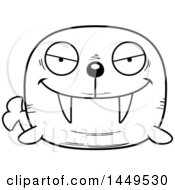 Clipart Graphic Of A Cartoon Black And White Lineart Evil Walrus Character Mascot Royalty Free Vector Illustration