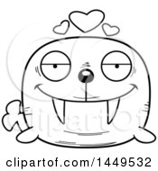 Clipart Graphic Of A Cartoon Black And White Lineart Loving Walrus Character Mascot Royalty Free Vector Illustration