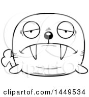 Clipart Graphic Of A Cartoon Black And White Lineart Sad Walrus Character Mascot Royalty Free Vector Illustration
