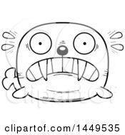 Clipart Graphic Of A Cartoon Black And White Lineart Scared Walrus Character Mascot Royalty Free Vector Illustration