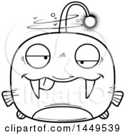 Clipart Graphic Of A Cartoon Black And White Lineart Drunk Viperfish Character Mascot Royalty Free Vector Illustration