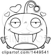 Clipart Graphic Of A Cartoon Black And White Lineart Loving Viperfish Character Mascot Royalty Free Vector Illustration