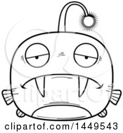 Clipart Graphic Of A Cartoon Black And White Lineart Sad Viperfish Character Mascot Royalty Free Vector Illustration