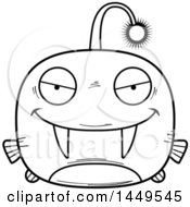 Clipart Graphic Of A Cartoon Black And White Lineart Sly Viperfish Character Mascot Royalty Free Vector Illustration
