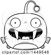 Clipart Graphic Of A Cartoon Black And White Lineart Happy Viperfish Character Mascot Royalty Free Vector Illustration