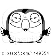 Clipart Graphic Of A Cartoon Black And White Lineart Sly Toucan Bird Character Mascot Royalty Free Vector Illustration