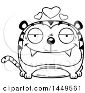 Clipart Graphic Of A Cartoon Black And White Lineart Loving Tiger Character Mascot Royalty Free Vector Illustration