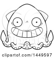 Clipart Graphic Of A Cartoon Black And White Lineart Grinning Squid Character Mascot Royalty Free Vector Illustration