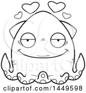 Clipart Graphic Of A Cartoon Black And White Lineart Loving Squid Character Mascot Royalty Free Vector Illustration