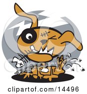Neglected Dog On A Chain Eating Fishbones And Itching Fleas Clipart Illustration