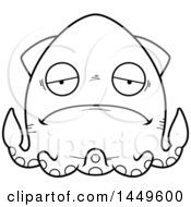 Clipart Graphic Of A Cartoon Black And White Lineart Sad Squid Character Mascot Royalty Free Vector Illustration