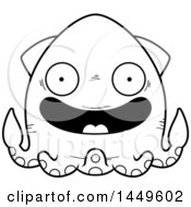 Clipart Graphic Of A Cartoon Black And White Lineart Happy Squid Character Mascot Royalty Free Vector Illustration
