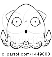 Clipart Graphic Of A Cartoon Black And White Lineart Surprised Squid Character Mascot Royalty Free Vector Illustration