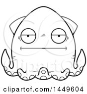 Clipart Graphic Of A Cartoon Black And White Lineart Bored Squid Character Mascot Royalty Free Vector Illustration