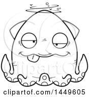 Clipart Graphic Of A Cartoon Black And White Lineart Drunk Squid Character Mascot Royalty Free Vector Illustration