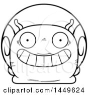 Clipart Graphic Of A Cartoon Black And White Lineart Grinning Snail Character Mascot Royalty Free Vector Illustration
