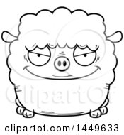 Clipart Graphic Of A Cartoon Black And White Lineart Sly Sheep Character Mascot Royalty Free Vector Illustration