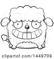 Clipart Graphic Of A Cartoon Black And White Lineart Grinning Poodle Dog Character Mascot Royalty Free Vector Illustration