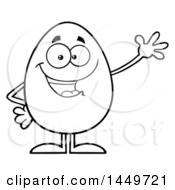 Poster, Art Print Of Cartoon Black And White Lineart Egg Mascot Character Waving