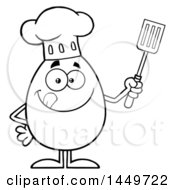 Clipart Graphic Of A Cartoon Black And White Lineart Chef Egg Mascot Character Holding A Spatula Royalty Free Vector Illustration