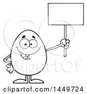 Poster, Art Print Of Cartoon Black And White Lineart Egg Mascot Character Holding Up A Blank Sign