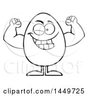 Clipart Graphic Of A Cartoon Black And White Lineart Strong Flexing Egg Mascot Character Royalty Free Vector Illustration