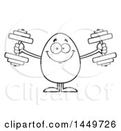 Clipart Graphic Of A Cartoon Black And White Lineart Egg Mascot Character Working Out With Dumbbells Royalty Free Vector Illustration