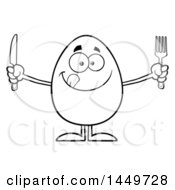 Clipart Graphic Of A Cartoon Black And White Lineart Hungry Egg Mascot Character Holding A Knife And Fork Royalty Free Vector Illustration