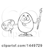 Clipart Graphic Of A Cartoon Black And White Lineart Happy Artist Egg Mascot Character Royalty Free Vector Illustration by Hit Toon