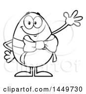 Clipart Graphic Of A Cartoon Black And White Lineart Easter Egg Mascot Character Waving Royalty Free Vector Illustration