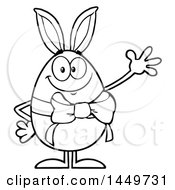 Clipart Graphic Of A Cartoon Black And White Lineart Bunny Eared Easter Egg Mascot Character Waving Royalty Free Vector Illustration
