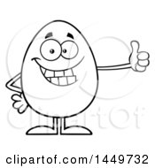 Clipart Graphic Of A Cartoon Black And White Lineart Egg Mascot Character Giving A Thumb Up Royalty Free Vector Illustration