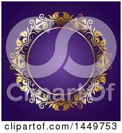 Golden Ornate Floral Round Frame On Purple