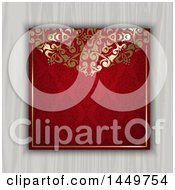 Clipart Graphic Of A Gold And Red Ornate Floral And Damask Invitation On A Wood Background Royalty Free Vector Illustration