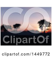 Clipart Graphic Of A Background Of Silhouetted 3d Shrubs And Trees At Sunset Royalty Free Illustration